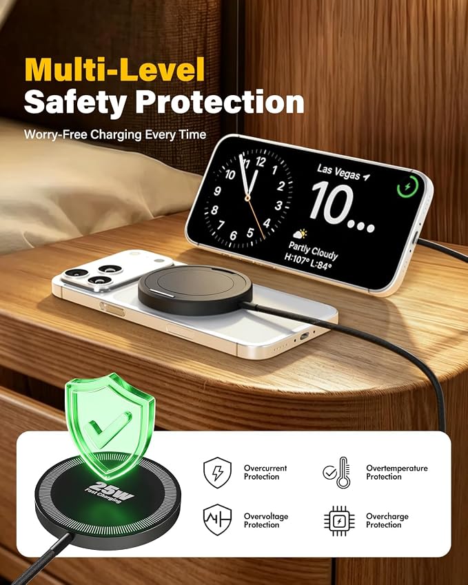 Magnetic Wireless iPhone Charger Fast Phone Charger with Kickstand, 6FT 25W Fast Phone Charging Pad Wireless Magnetic Charge for iPhone 17/17Air/16 Pro Max/16 Plus/15 Pro Max/AirPods3/2/Pro Black