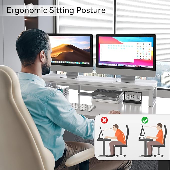 IBUYKE Large Dual Monitor Stand Riser for 2 Monitors, Wooden Desktop Computer Monitor Stand Storage Shelf and Steel Legs,Dual Screen Office Desk,Monitor Riser for Computer, Printer,Laptop,TV,White UTDJ002W