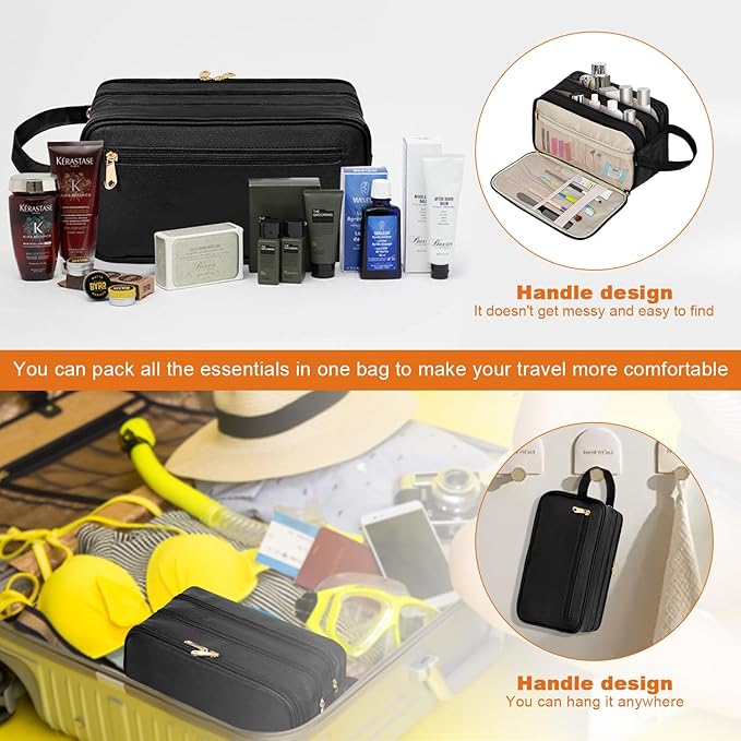 Grekos Waterproof Hanging Toiletry Bag | Large Capacity PU Leather Travel Organizer with Wet/Dry Compartments | Foldable Storage Bags Cosmetic & Shaving Kit for Women Men (Black)