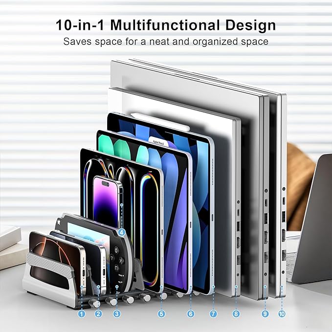 Elestoria 10-Slot Vertical Laptop Stand & Holder ??Adjustable Aluminum Laptop Stand Vertical for Desk Fits 10 Devices, MacBook & Gaming Laptops (Up to 17.3?? ??Space Saving Laptop Storage Rack - Grey