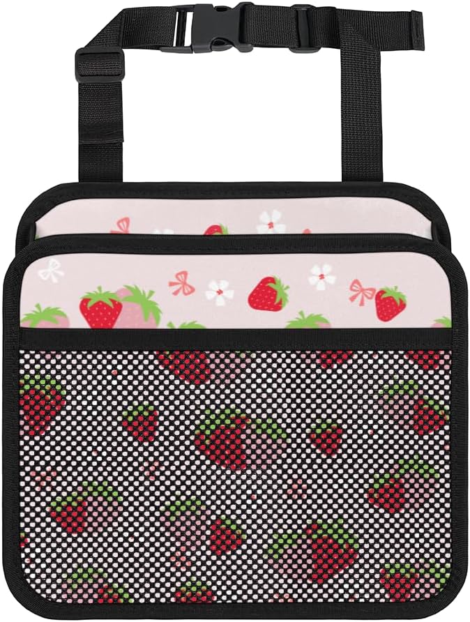 Cute Strawberry Print Car Organizer for Kids, Backseat Headrest Storage Bag, Adorable Cartoon Fruit Pattern, Foldable Waterproof PU Leather Organizer, Perfect for Mom and Baby