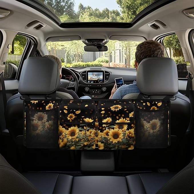 Sunflower Design Car Trunk Organizer,Collapsible Large Capacity Auto Backseat Hanging Storage Bag with Adjustable Strap & 4 Pockets Not Easy to Fade