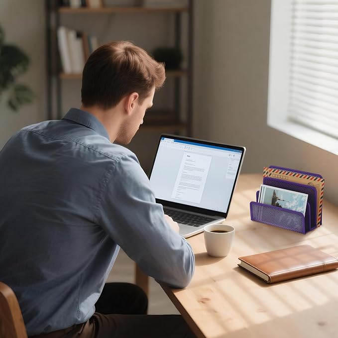 EASEPRES Desk Mail Organizer, Office Small Desktop Metal Mesh Envelope Letter Sorter Paper File Holder Organizer with 3 Vertical Upright Compartments, Purple 1 Pack