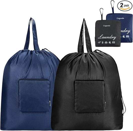 GOGOODA Travel Laundry Bags with Drawstring Closure XL Large Foldable Dirty Clothes bags with Handle Heavy Duty and Washable for College Dorm Travelling Camping, 2 Pack, Black & Dark Blue