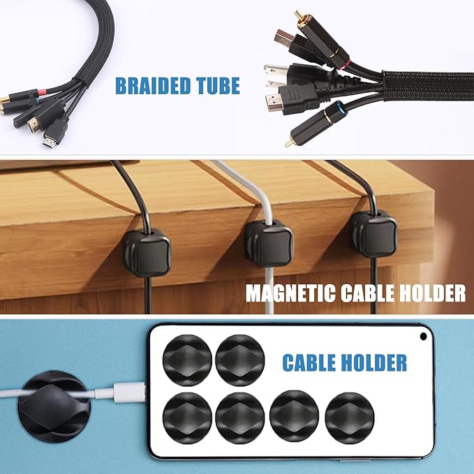 Under Desk Cable Management Tray, No Drill Steel Cord Organizer Kit with 189Pcs Different Essential Accessories for Home Office Standing Desk (13.4inch, Black)