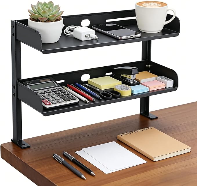 CanKing Clamp Desk Shelf 2 Layer Clip On or Under Table Organizer, Black, 15 inch