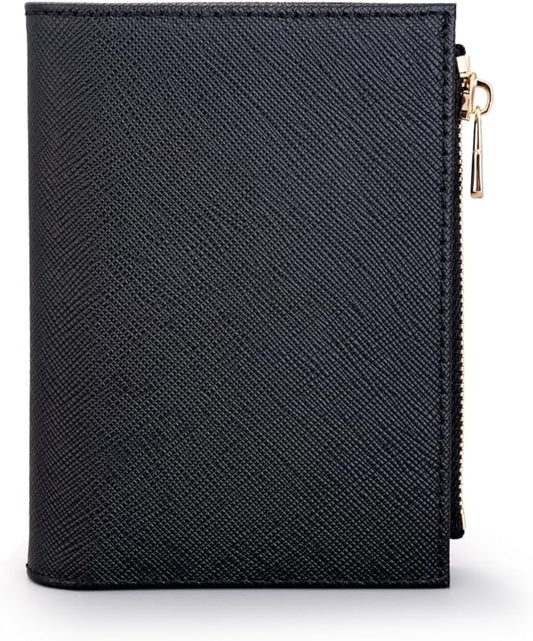 Slim Bi-fold Checkered Quilted Leather Wallet | Classic Minimalist Style w. ID Window/Card Slot/Bill Holder/Zip Coin Pocket for Women (Black - Saffiano Leather)