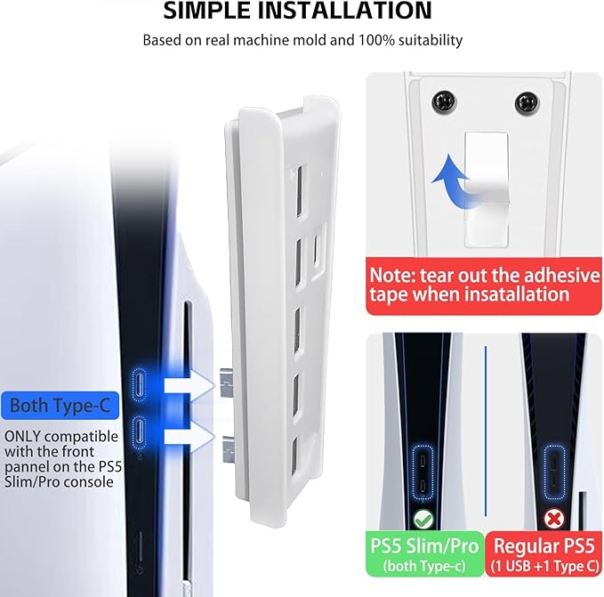 6 Ports USB Hub for PS5 Pro/Slim Console, High-Speed Expander Hub Charger Port with 4 USB-A 2.0 + 1 USB Charging Port + 1 Type C Port, Compatible with PlayStation 5 Pro/Slim Front Jacks, White