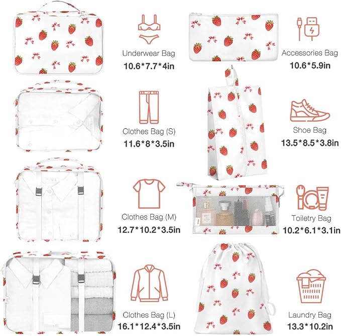 8 Set Packing Cubes for Suitcases,Packing Cube with Shoe, Cosmetics, Clothing, and Accessories Bags Packing Cubes for Travel Luggage Organizer Women Men(Strawberry Bows)
