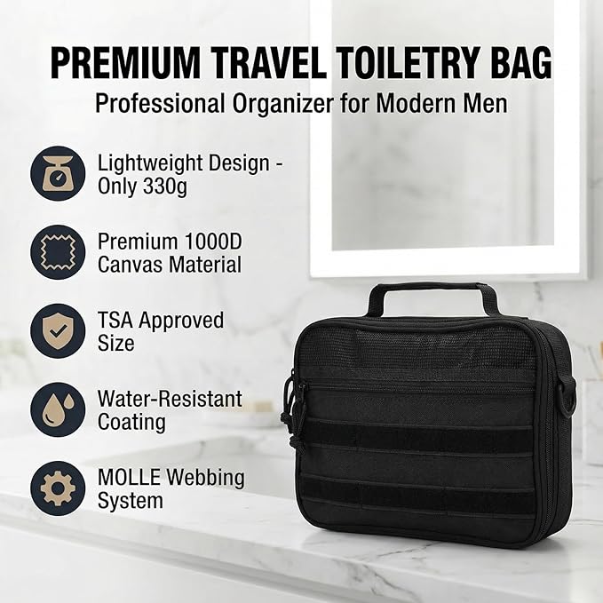 VELVEBAG ﻿Tactical Toiletry Bag for Men, Mens Toiletry Travel Bag, Hanging Dopp Kit Waterproof TravelShaving Hygiene Bag, Bathroom Multi-pocket Organizer, for Short Trips, Camping & Gym, Black