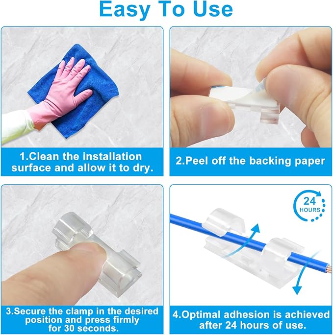 Jiozermi 60 Pcs Self Adhesive Clear Cable Clips, Cable Wire Management Clips with 3M Adhesive Wall Wire Holder Cord Management for Desk, Wall, TV, Car Dash Cam, RV, Ethernet, PC, Christmas Light