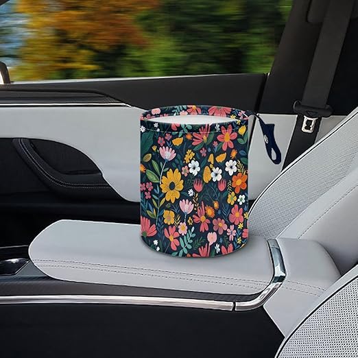 Colorful Flowers Car Garbage Trash Can Collapsible Trash Rubbish Bin Basket Bag Portable Cup Holder Organizer with Strap Universal Storage Bag Box for Front Seat, Back Seat, Headrest