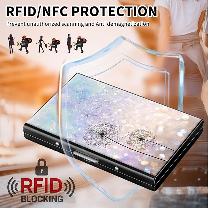 RFID Credit Card Holder,Small Metal Credit Card Case Wallet,Slim Mini Business Card Holder Organizer Hard ID Case Security wallet for Men Women -Dandelion Floral
