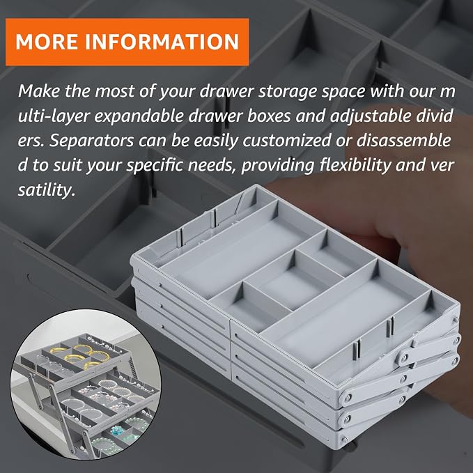 2/3 Tier Drawer Organizer Collapsible Drawer Organizer Tray, Expandable Junk Drawer Organizer, Multi Level Dresser Drawer Organizers Adjustable Storage Trays for Makeup, Jewelry (Single Row 3 Tiers)