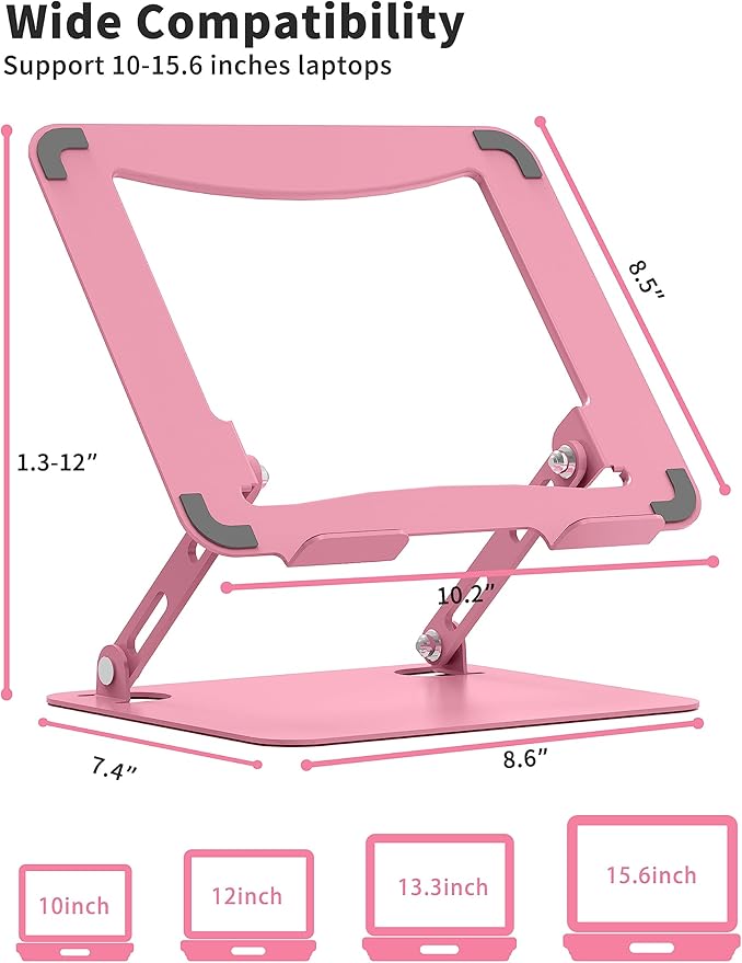 SOUNDANCE Laptop Stand for Desk, Portable Adjustable Laptop Riser, Ergonomic Design Computer Holder, Metal Laptop Mount Elevator Compatible with 10 to 15.6 Inches PC Computer, Pink