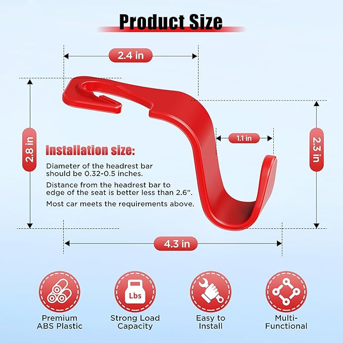 Amooca Car Seat Headrest Hook 4 Pack Hanger Storage Organizer Universal for Handbag Purse Coat Universal fit Vehicle Car Red with Clip