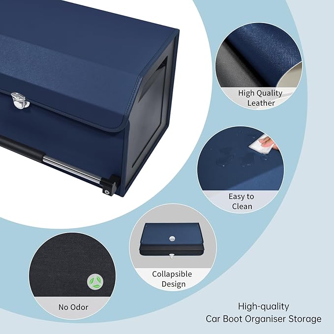 Car Trunk Organizer, Car Trunk Leather Storage Box with Lid and Push-pull Handle Car Trunk Storage Organizer for Car (Blue, 20.47 x 11.42 x 12.2in)