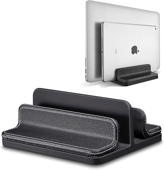 Leather Vertical Laptop Stand,Dual Laptop Holder Stand,Laptop Organizer with Adjustable Dock (18-26mm/0.7-1 in) for All MacBook/Tablet/Surface/Dell/iPad (Black)