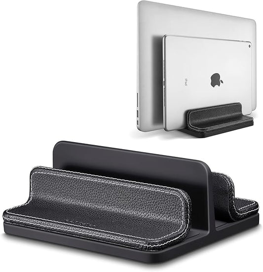 Leather Vertical Laptop Stand,Dual Laptop Holder Stand,Laptop Organizer with Adjustable Dock (18-26mm/0.7-1 in) for All MacBook/Tablet/Surface/Dell/iPad (Black)