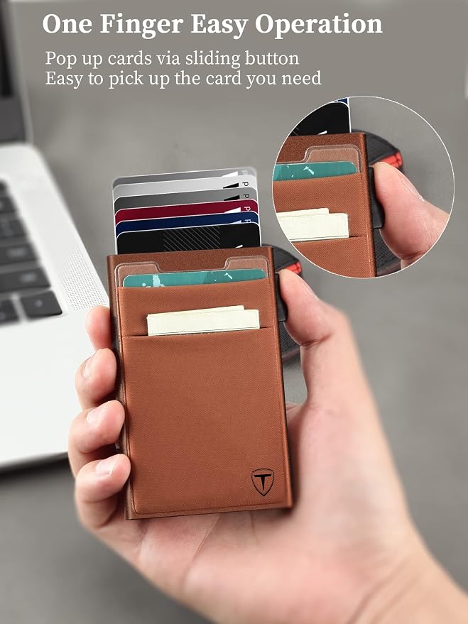TOYFID Pop Up Credit Card Wallet for Men - Metal Slim Minimalist Cards Holder with Money Pocket - RFID Blocking Ultralight Small Aluminum Wallet