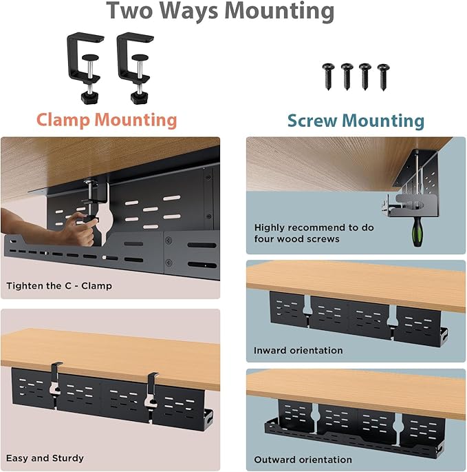 Univivi Under Desk Cable Management Tray - 32" Steel Cord Organizer, No-Drill C-Clamp & Screw Mount for Office/Home, Effortless Wire Management (Black)