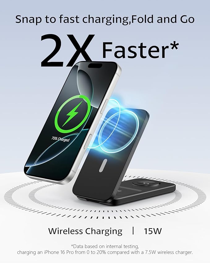 3 in 1 Magnetic Wireless Charging Station for Apple Devices, MagSafe Compatible Foldable Travel Charger Stand for iPhone 17/16/15/14/13/12 Series, Apple Watch Ultra/10/9/8/7/6/SE & AirPods Pro/4/3