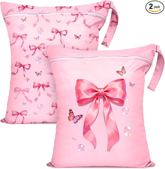 2 Pcs Large Travel Laundry Bags Waterproof Wet Dry Bag, Washable Dirty Clothes Bags for Travel，Drawstring, Bathing Suit, Workout, Gym Clothes Laundry, Swimming Pool & College Dorm, Pink Butterfly Bow