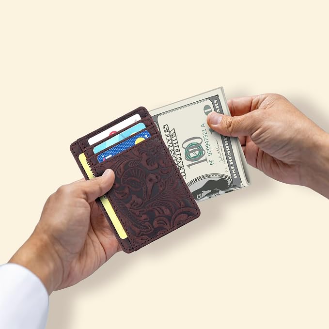 Real Leather Slim Minimalist Wallet for Men and Women -RFID Blocking Front Pocket Thin Credit Card Holder Stylish Wallets (Brown1)