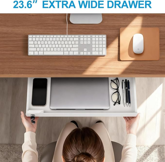 Under Desk Drawer Storage with Lock, Metal Undermount Table Drawer, Ball Bearing Slides Out Tray Organizer for Paper, Pencil, and Laptop 24"x10.3"x2.1", White with Divider