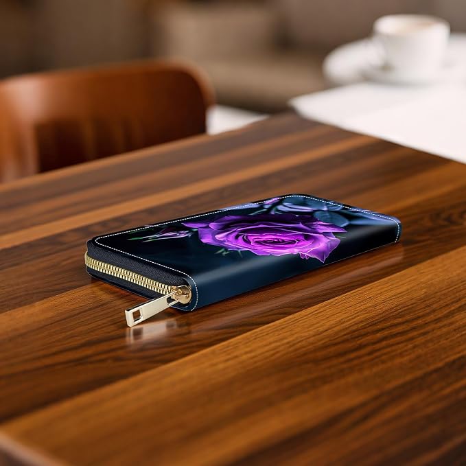 RFID-Blocking Zip Around Wallets for Women with Detachable Wrist Strap,Large Capacity Phone Holder with Card Organizer & Coin Pocket,Purple Flower Rose