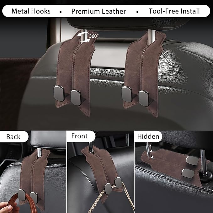 2Pcs Car Headrest Hooks with Premium Leather, Upgraded Double Metal Hooks with Anti-Drop Design, Universal Back Seat Hanger for Bags, Coats, Purses and Groceries (Classic Brown)