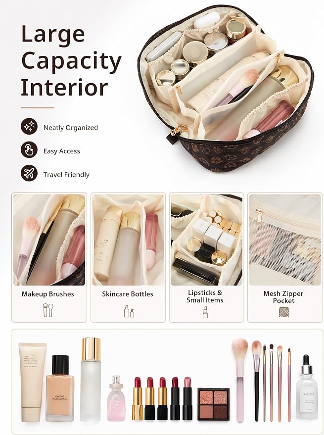 YTL Travel Makeup Bag, Puffer Cosmetic Bag for Women, Waterproof Puffy Padded Make Up Bags, Flat Open Portable Organizer Case Toiletry Bag Pouch Purse for Skincare, Brushes & Travel Essentials