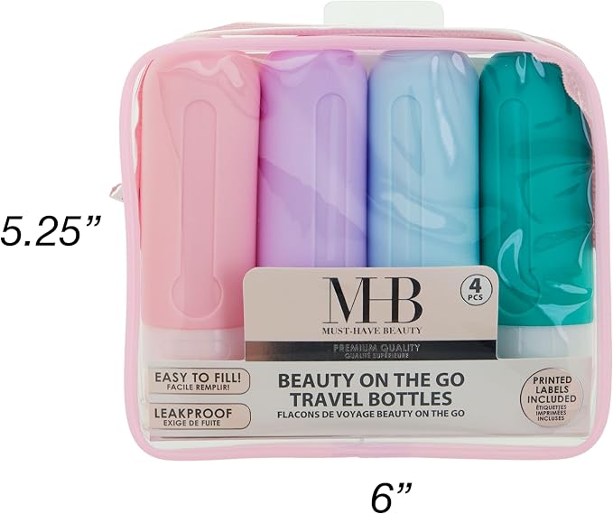 EXPRESSIONS 4pc Refillable Travel Bottles Set – Leakproof Squeeze Bottles with Snap Caps | Toiletry Containers with Labels & Clear Zip Pouch | TSA Approved Travel Bottles for Women & Men