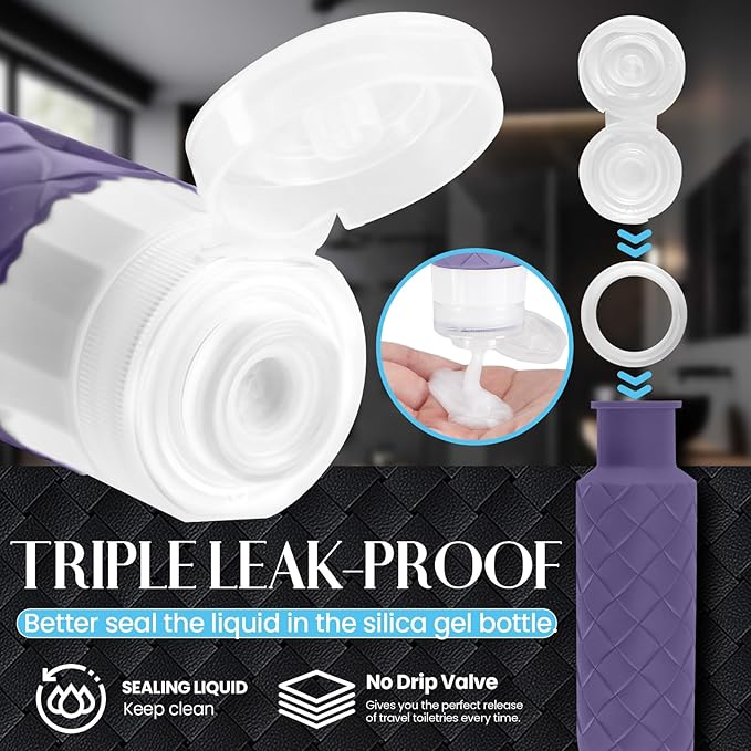 Silevoler Travel Bottles for Toiletries, TSA Approved Silicone Travel Size Containers for Toiletries, BPA Free Leak Proof Refillable Essentials Accessories, Shampoo and Conditioner Bottles (Purple)