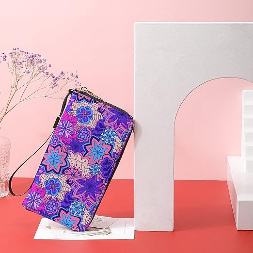 Unisex Zip Around Wallet for Adults Teens Colorful Bright Ethnic Style Flowers Floral Coin Pouch Cash Pocket PU Leather Wallets Card Holder Organizer Designer Purse with Wristlet Strap