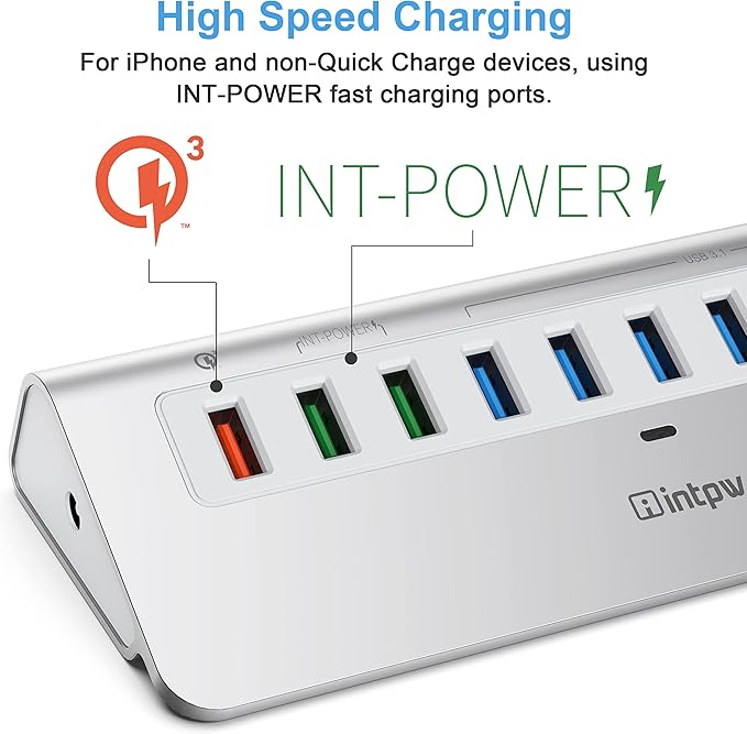 Powered USB Hub 10Gbps, 10 Port USB 3.2 Gen 2 Hub with 7 USB 3.2 Data Ports, 3 Fast Charging Ports, 36W Power Adapter, Type A and Type C Cable, Aluminum USB Data Hub for Mac, PC, Laptop