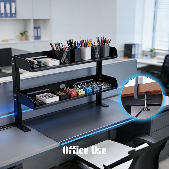 Yuxh Clamp On Desk Shelf 2 Tier Cilp Under Table Organizer, Black-S, 15 inch