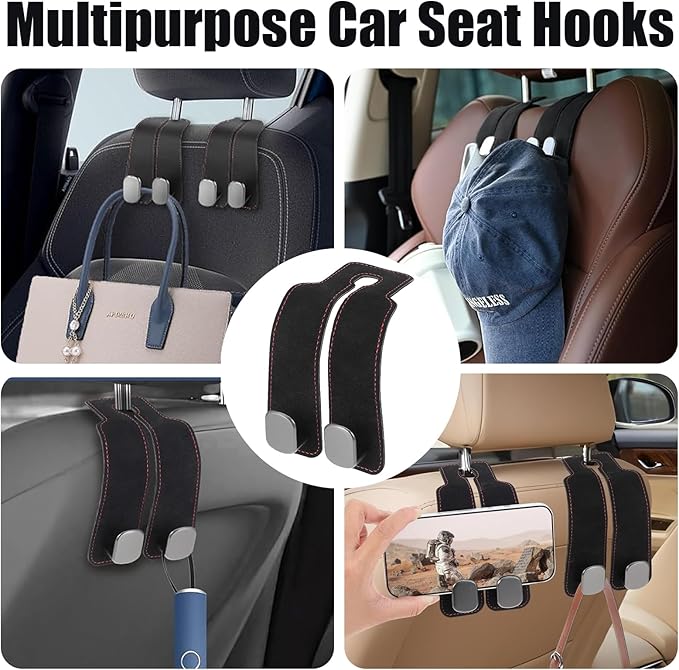 SeatHooker Leather Car Headrest Hangers, Car Headrest Hooks for Purse and Bags, 2-in-1 Leather Car Seat Back Storage Hook, Anti-Slip Purse Holder for Car, Supports Up to 50 lbs (Black-2 Pack)