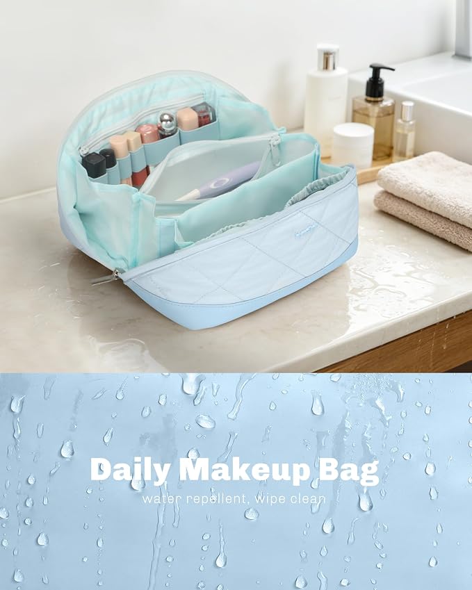 Hynes Eagle Travel Makeup Bag for Women Puffy Cosmetic Organizer Pouch Open Flat Toiletry Bag for Toiletries Brushes Structured Base Light Blue