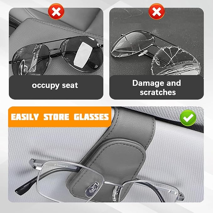 Sunglasses Holder for Car Visor, Microfiber Leather Magnetic Sun Visor Eyeglasses Hanger & Ticket Card Clip, Multi-Function Automotive Interior Glasses Mount, Universal Fit (Gray)