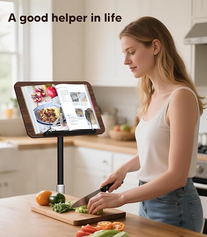 2-in-1 Floor & Desktop Wooden Book & Music Stand, 100% Solid Wood, Adjustable Height 16.5"-51", Hands-Free Reading Stand with Page Clip for Cookbooks, Sheet Music, Bible, Office & Home