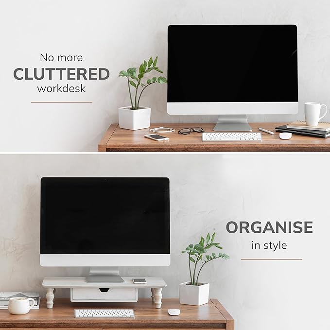 Anji Mountain Monitor Stand - Desktop Organizer & Laptop Riser, Ergonomic Monitor Riser, Space-Saving Monitor Stand for Desk, Durable Construction, Easy Assembly, Ideal for Home & Office,White Wash
