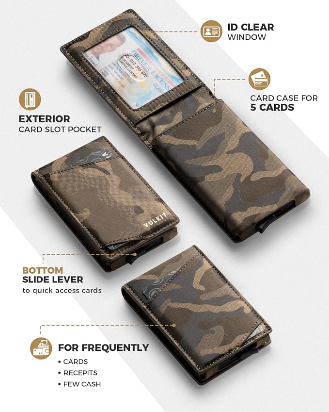 VULKIT Pop Up Wallet for Men, Credit Card Holder Minimalist Slim Bifold Wallets RFID Blocking with Gift Box Desert Camouflage