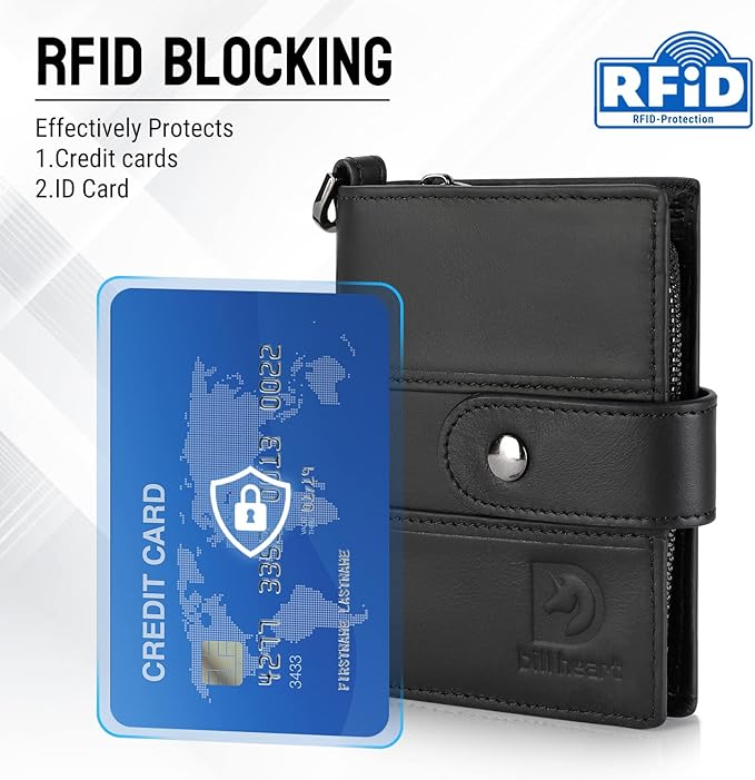 bill heart Chain Wallets for Men, RFID Blocking Genuine Leather Wallets with Anti-Theft Chain