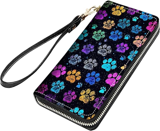 Colorful Dog Paw Prints Print Women Large Capacity PU Leather Zip Around Wallet, Multifunctional Clutch Purse for Cash/Card/Coin/Smart Phone