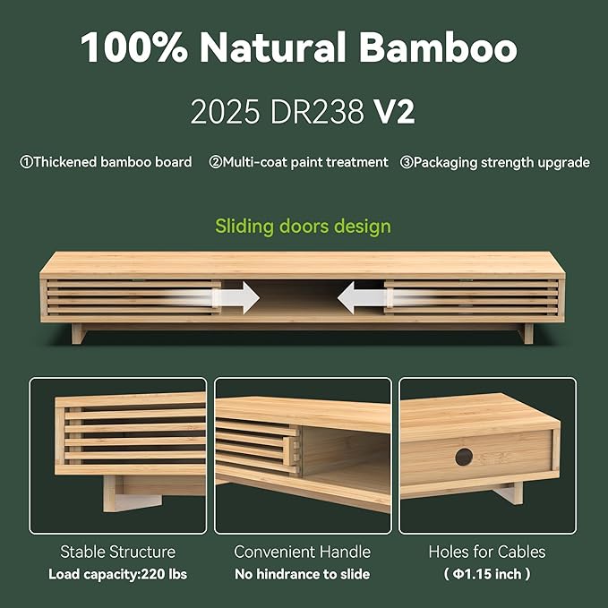 Dual Monitor Stand Riser with Sliding Door, Double Computer Laptop Stand Desk Shelf Organizer with Storage for 2 Monitors (Natural Bamboo, 38 Inch)