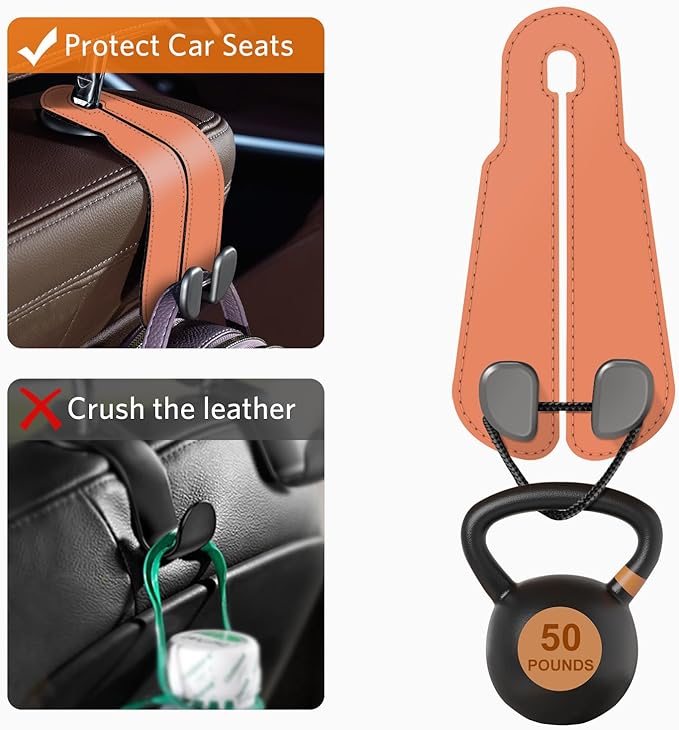 CoBak Purse Hook for Car - Universal Premium Stitched Leather and Aluminum-Magnesium Alloy Double Car Seat Back Storage Hook for Purses, Handbags, Bags (2 Pack),Coral Orange