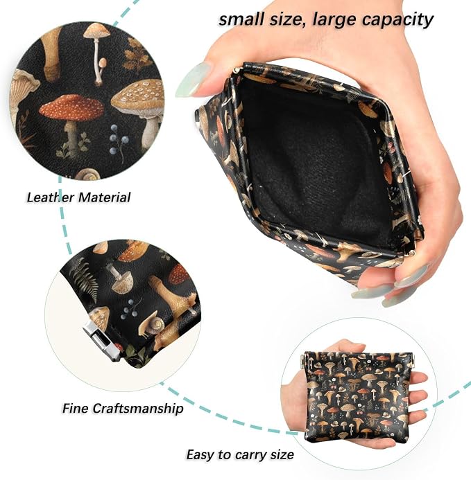 Mushroom Snail Berry Women's Waterproof PU Leather Coin Purse, Slim Travel Wallet with Zipper - Compact Card Holder & Jewelry Organizer for Cash, Keys, Lipstick