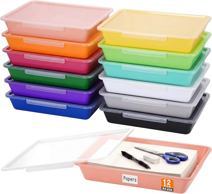 Tinlade 12 Pcs Classroom Paper Storage Bins with Clear Latching Lid, Label Stackable Letter Size Flat Tray Container for Teacher Back to School Supplies Home Office Desk Arts Crafts (Vibrant,13x10in)