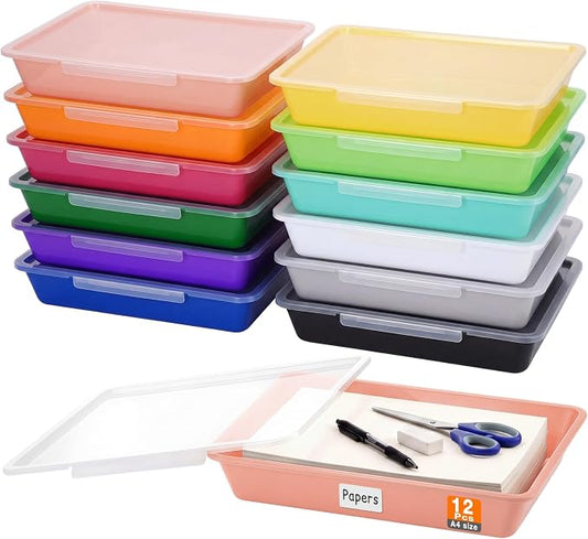 Tinlade 12 Pcs Classroom Paper Storage Bins with Clear Latching Lid, Label Stackable Letter Size Flat Tray Container for Teacher Back to School Supplies Home Office Desk Arts Crafts (Vibrant,13x10in)